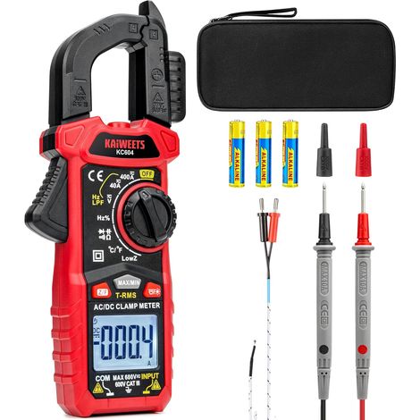 Pince Ampèremètre AC/DC, Pince Multimètre Mesurer la Tension AC/DC/Courant/Température/Continuité/Diode/NCV, Pince Ampèremétrique avec Lampe de Poche, Rétro-éclairage, Mâchoire-D, KC604 (1/5)
