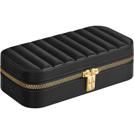 SONGMICS HOME ANAH Collection - Boîte à Bijoux de Voyage, Petit Coffre à Accessoire avec Miroir, 10,5 x 20,5 x 6 cm, Surface PU avec Coutures, Portable, Zip, Idée Cadeau, Noir d'Encre (1/5)