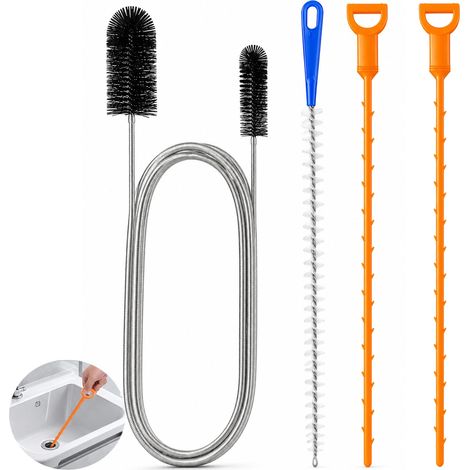 4 PCS Deboucheur Canalisation Brosse, Deboucheur Canalisation avec Furet Flexible et Crochet Nettoyage, Kit Brosse Tuyau Réutilisable pour Évier Lavabo Douche Baignoire Cuisine et Salle de Bain (1/5)