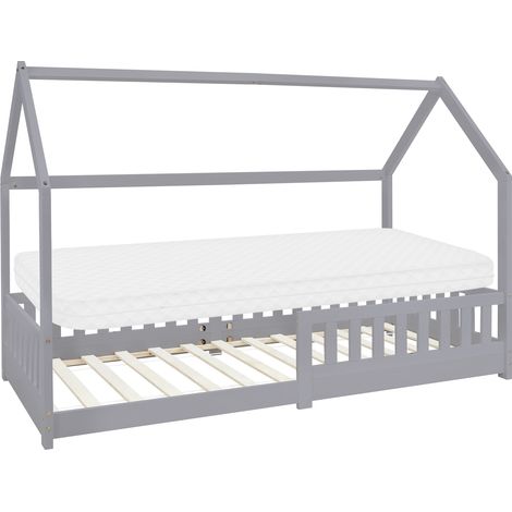 ML-Design Kinderbett 90x200 cm Hellgrau mit Matratze H:10cm, Rausfallschutz, Dach, Lattenrost, Kiefernholz, Hausbett für Mädchen/Jungen, Bodenbett Bettenhaus Spielbett Jugendbett Kinderhaus Holzbett