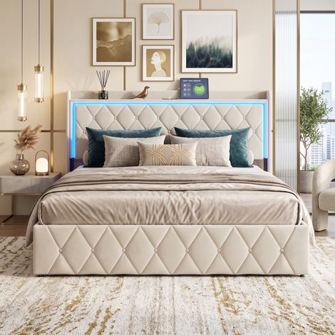 Superaly Lit Double Capitonné 140x200cm, Rangement Barométrique,  Lête de Lit avec Cloisons de Rangement, éclairage LED réglable, Port USB, Sommier à Lattes, Lit Adulte de Style Moderne, Velours, Beig (1/5)