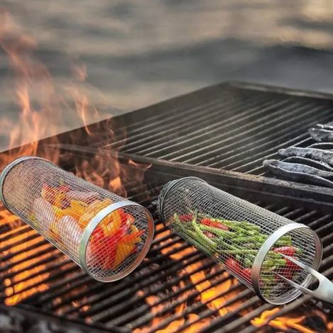 Panier à barbecue rotatif en acier inoxydable, avec conception amovible et portable pour une utilisation en extérieur.
