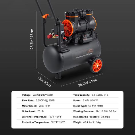 Compresseur d'air silencieux 1450W , pompe à air portable sans huile pour le gonflage des pneus, compresseur silencieux-24L (1/5)
