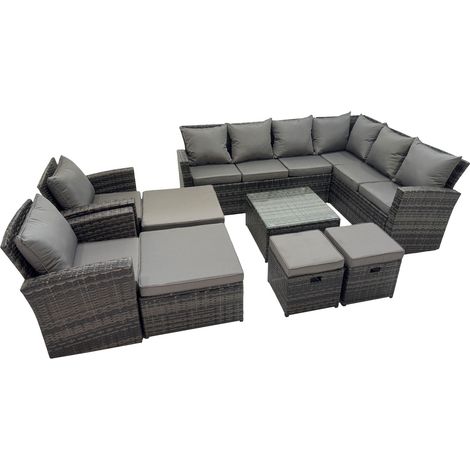 Fimous Rattan Garden Outdoor Furniture Set 12 Seater Garden Sofa Coffee Table Set with 2 Chairs 4 Footstools Dark Grey Mixed (1/5)