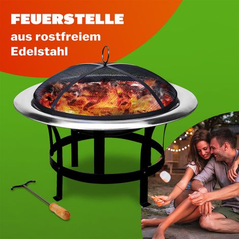 GARDEBRUK® Feuerschale mit Funkenschutz Schürhaken Edelstahl 75cm Groß Feuerstelle Feuerkorb Terrassenofen Grill Garten Ø 75 cm
