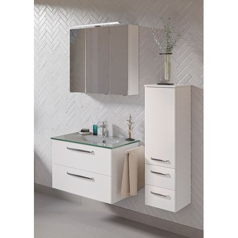 Badezimmer Set mit LED Beleuchtung und Glaswaschbecken TRENTO-66 in weiß Glanz, B/H/T: ca. 122/200/50 cm (1/5)