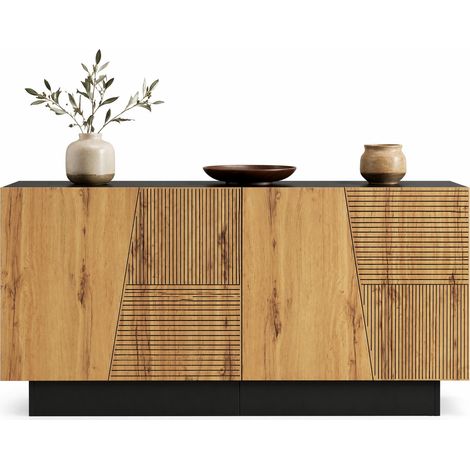Buffet moderne 160 cm avec grand espace de rangement, étagère intérieure réglable, façades géométriques et finition facile à entretenir pour salon et entrée CHICFURN (1/5)