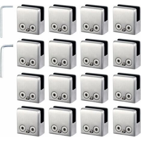 16pcs Pinces à Verre 8-10mm Support Verre dans Pinces en Acier Inoxydable Arrêtez Verre de Forme Carrée 8-10mm avec 2 Clés Hexagonales pour Balustrade d'Escalier