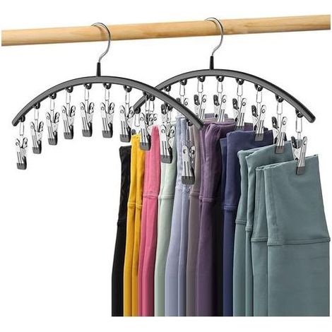 Lot de 2 cintres noirs pour leggings, cintres en métal pour pantalons de yoga, gain de place, avec 10 pinces, pouvant contenir 20 paires de leggings, organisateur de placard et rangement recouvert de (1/5)