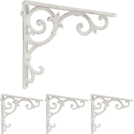Relaxdays Regalwinkel, 4er Set, Gusseisen, antike Regalträger, Winkel Regalbretter, HxBxT: 24,5 x 4 x 24,5 cm, weiß