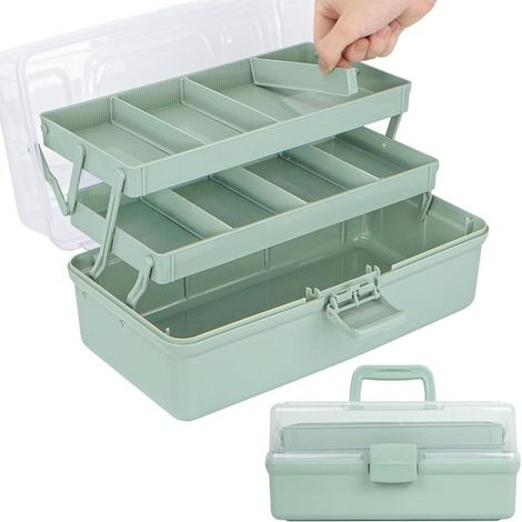 Scatola portaoggetti con divisori in plastica verde, 33×21×14 cm (1/5)