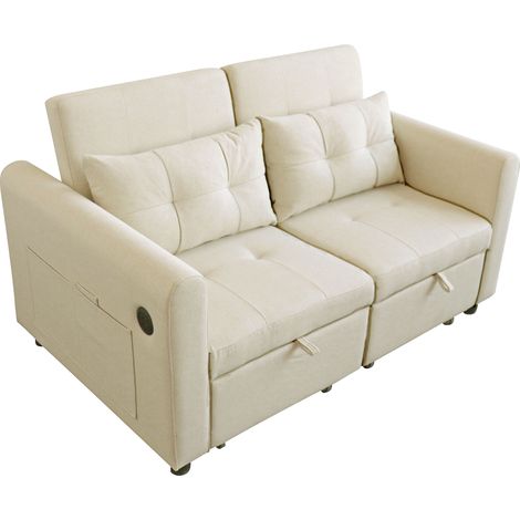 Canapé 142x85x83 Cm 3-en-1 Beige En Coton-lin, Dossier Réglable, Poches Latérales Et Ports USB (1/5)