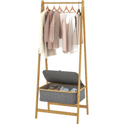 Portant vêtements pliable bambou, panier tissu avec couvercle, gris 60x44,5x157,5 cm, idéal entrée couloir chambre