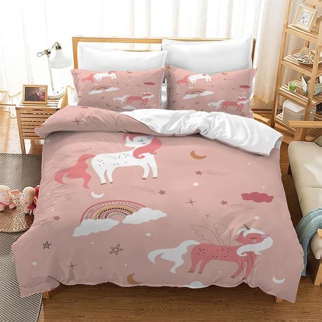 Housse de Couette Licorne 135x200cm - Impression 3D Microfibre Douce pour Enfant Fille - Cadeau Anniversaire/Noël - Parure de Lit avec Taie d'oreiller 2×50x75cm (1/5)