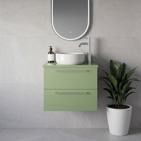 Napoli 390 Olive Green 600mm Wall Mounted 2 Drawer Vanity Unit for Countertop Basins - 600mm - Chrome 320mm Handle