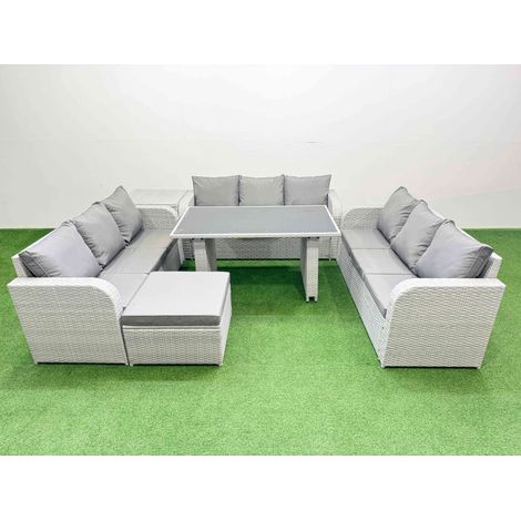 Fimous Patio Garden Furniture Sets with Black Glass Top Dining Table 3 Seater Sofa Side Table Big Stool Light Grey (1/4)