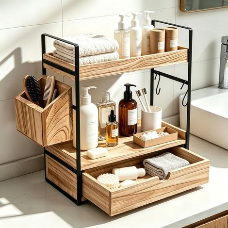 Organizador de baño de 2 niveles, estante de almacenamiento de madera y metal con cesta lateral, soporte multifuncional para cocina, oficina, dormitorio, cosméticos, especias, café, té. (1/5)