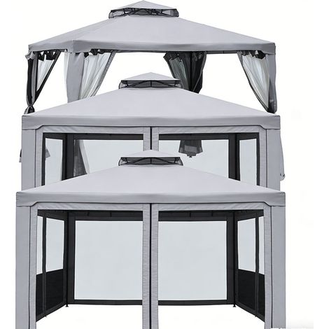 3er-Set  gartenpavillon Pavillon 3x3m Partyzelt mit 4 Seitenwänden wetterfest aus Metall und Polyester in Hellgrau für Garten und Veranstaltungen