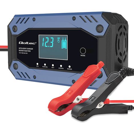 Qoltec Smart-Ladegerät für STD AGM GEL LiFePO4-Batterien Gleichrichter mit Reparaturfunktion 12-24 V 10 A LCD 9-stufiges Laden