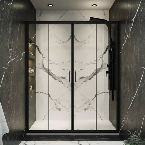 Porte de douche 160 cm à deux vantaux coulissants profilés noir mat verre transparent 6 mm Sardinia (1/4)