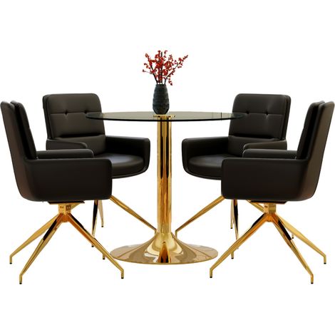 Ensemble table et chaises de salle à manger rond 85 cm, plateau en verre trempé, 4 chaises pivotantes en cuir régénéré noir et métal doré – CHICFURN (1/5)