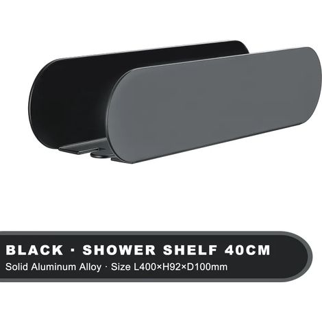 (L10001 Noir 40 cm) Étagère de salle de bain design en aluminium noir avec crochet, porte-accessoires de douche et de WC, décoration murale, étagère de rangement pour cuisine (1/5)