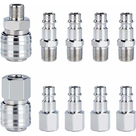 Raccord Rapide de Compresseur 1/4"BSP Coupleur Pneumatique d'air Kit Raccords de Tuyau Connecteur Homme Femme 10 Pièces