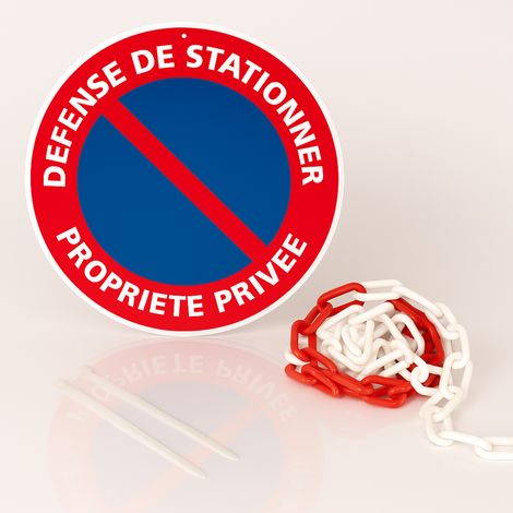 Défense de stationner propriété privée disque rigide prépercé avec chaine plastique rouge/blanc avec collier de serrage de serrage - panneau signalisation Diamètre 300 mm
