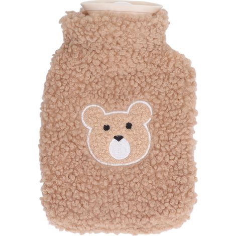 Bouillotte ours en peluche mignonne de 1000 ml, en PVC épais, avec housse en tissu, idéale pour la maison, l'hiver et le bureau. Couleur café, motif tête d'ours. (1/5)