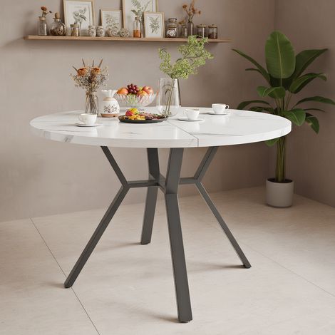 Runder Marmor-Esstisch (Durchmesser 1 m) , schwarzer X-förmiger Couchtisch mit Metallhalterung stabil und langlebig, für Wohnzimmer und Balkon (1/5)