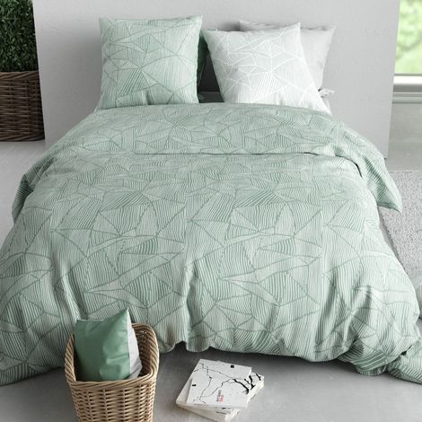 Parure housse de couette 260x240cm + 2 taies motif floral vert et blanc 100% coton - DALEY (1/4)