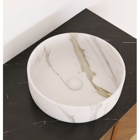 Lavabo rond 36 cm en pierre grainée blanc mat, cuve seule sans robinet ni siphon, sans meuble