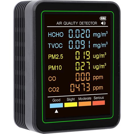 Moniteur de qualité de l'air 6 en 1 avec détection de CO, CO2, COVT, HCHO, PM2.5 et PM10, capteur infrarouge, écran couleur LCD, testeur d'air portable pour la maison, noir (1/5)