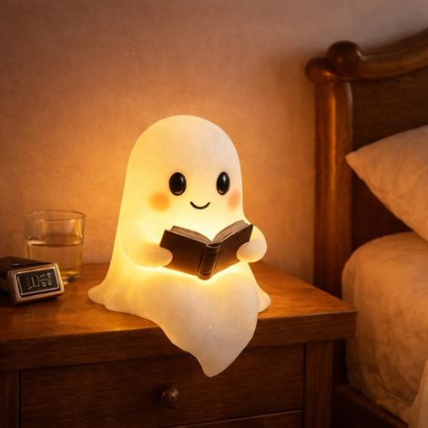 Veilleuse fantôme avec livre, lampe LED USB blanc chaud, figurine kawaii en résine, décoration chambre et table de chevet (1/5)