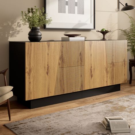 Aparador 160 x 40 x 72 cm en tablero de partículas negro y madera DESVIAE (1/5)