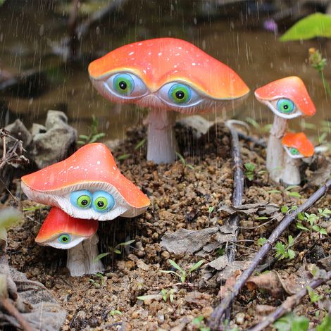 Lot de 3 statues en résine « Elfes-Champignons » — Décoration pour cour, jardin et pelouse — Ornements pour bonsaïs (1/5)