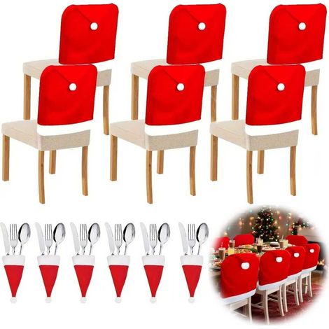Stuhlhussen Weihnachten 6er Set, 6 Stück Weihnachtsdekoration Weihnachtsstuhlbezug mit 6 Weihnachtsmütze, Weihnachts stuhlhussen Stuhlbezug Weihnachten Stuhlhussen für Neujahr Weihnachtsfeier (1/5)