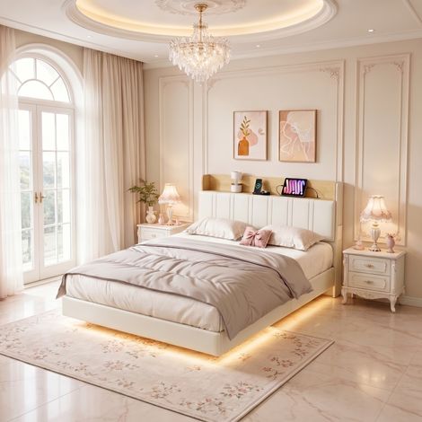Cama tapizada de 140x190cm – Cama suspendida – Iluminación LED regulable – Cabecero con espacio de almacenamiento – Puerto USB – Somier de láminas – Diseño moderno y confortable