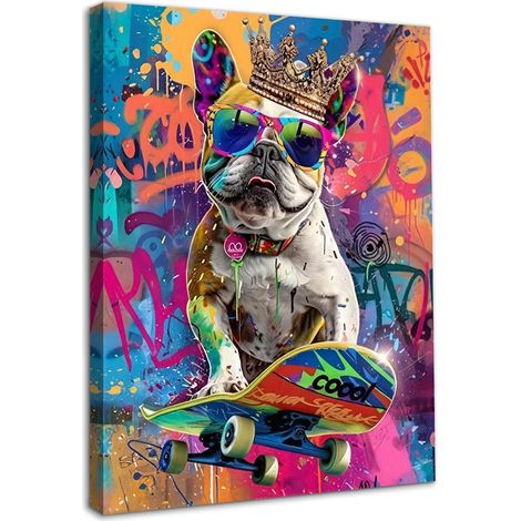 Tableau sur toile encadré Chien sur skateboard 30x40cm Style graffiti multicolore (1/5)