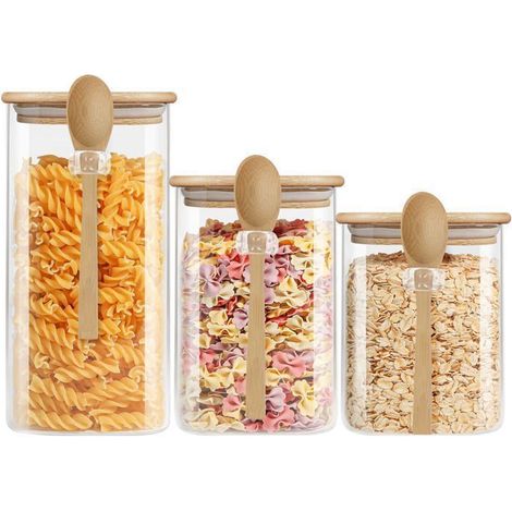 Récipient alimentaire - CHEFFINGER - Lot 3 Bocaux en Verre - Couvercle en Bambou - 900ml, 1100ml, 1500ml (1/5)