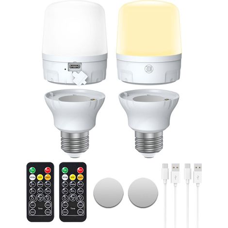 Set mit 2 LED-Ampullen E27 mit Fernbedienung – 2000 mAh – 4 Minuten und Aufladen über USB-C – für Camping, Schrank und Kochgeschirr (1/4)