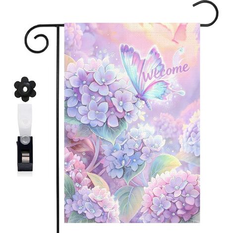 Drapeau de jardin bienvenue 30 x 45 cm motif hortensias colorés et papillon magique toile double face (1/5)