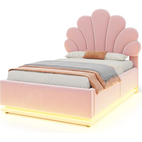 Lit Coffre Simple 200 x 90 cm en Velours, LED Réglable et Tête de Lit Fleurie, sans Matelas, Rose (1/5)