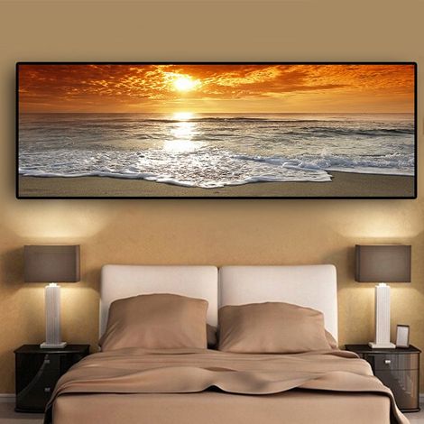 Peinture murale sur toile HD à cadre unique représentant un paysage de coucher de soleil doré sur la plage (1/5)