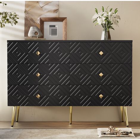 Comò da camera da letto 120 cm con 6 cassetti, texture lussuosa, gambe in metallo, adatto per camera da letto e soggiorno, Nero (1/5)