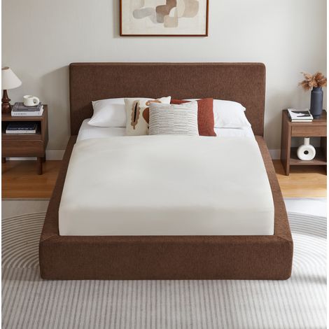 Cama doble 140x200 cm de tela y acero marrón, cabecero acolchado, estable, sin colchón – MEUBLIV (1/5)