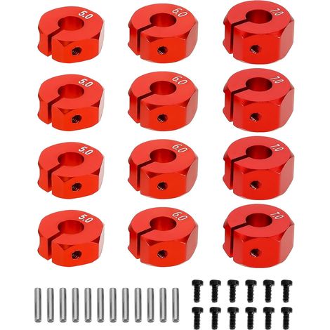 12pcs Adaptateur de Moyeu Hexagonal de Roue Pince de Moyeu de Roue en Aluminium RC Type 5mm/6mm/7mm pour Empêcher Roues de Se Coincer Voiture pour 1/10 RC Voiture Hexagonale Rouge (1/5)