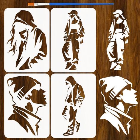 4Pièces Pochoirs Peinture Gens De La Rue Avec Pinceau 21x29,7cm Modèle Silhouette Personnes Réutilisable Pochoir Motif Chapeaux En Plastique Thème Graffiti pour Peinture Sur Sol (1/5)
