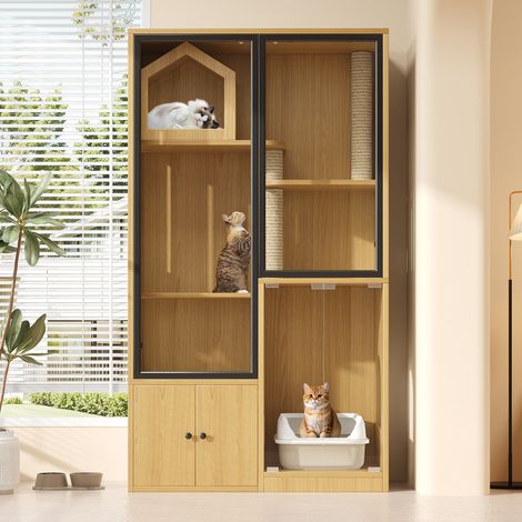 Cage pour chat Maison pour chat 90x50x160cm 4 niveaux avec griffoir et rangement Verre et Bois Style moderne Érable