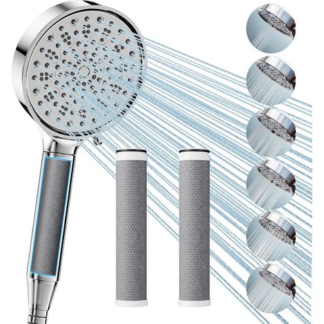 Pommeau de douche avec filtre anti-calcaire pour eau dure, douchette à main avec 3 filtres en carbone, 3 types de jets, haute pression, élimine 99 % du chlore (1/5)